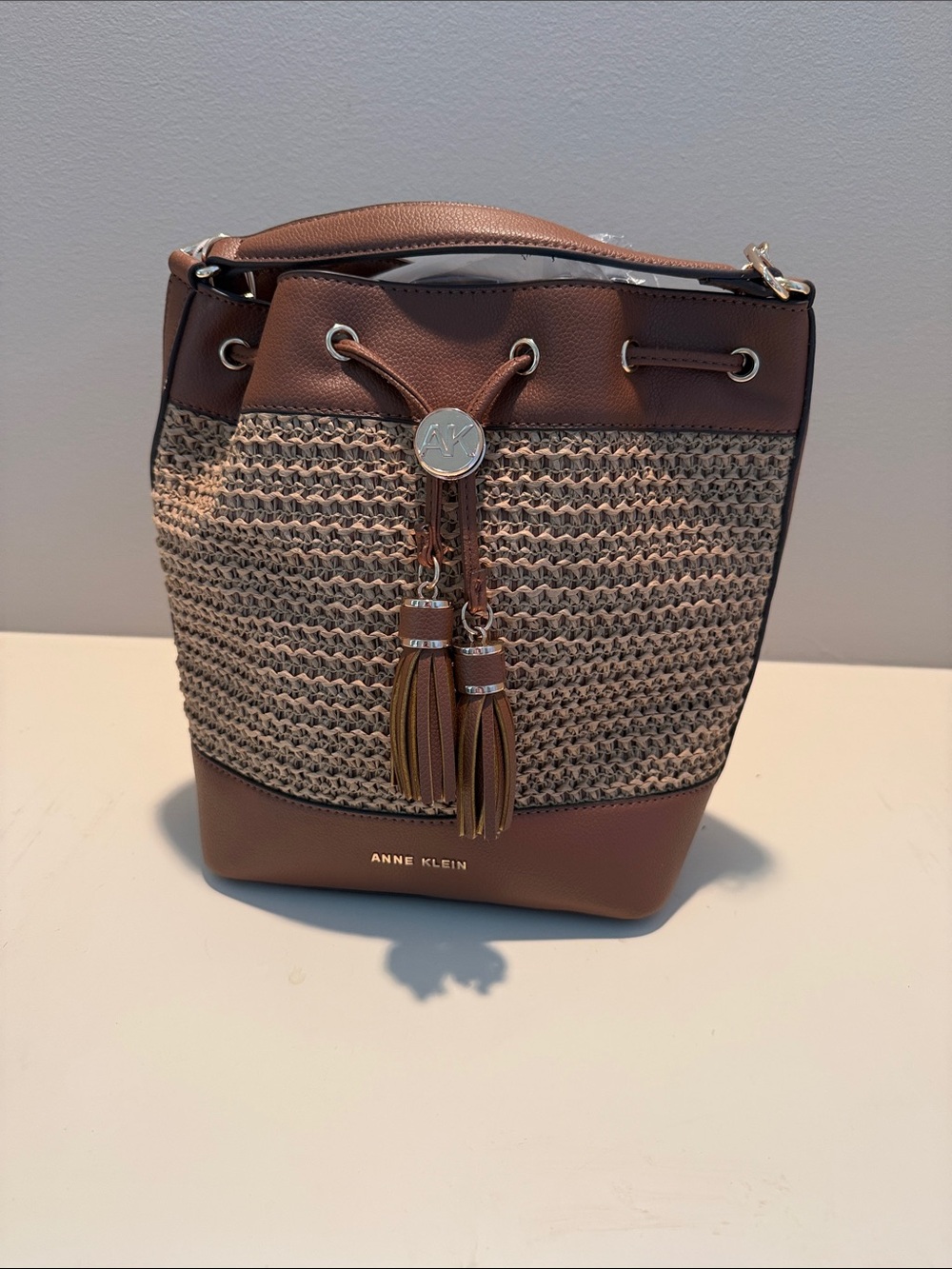 Anne Klein Brown & Cream Woven Drawstring Bucket Bag